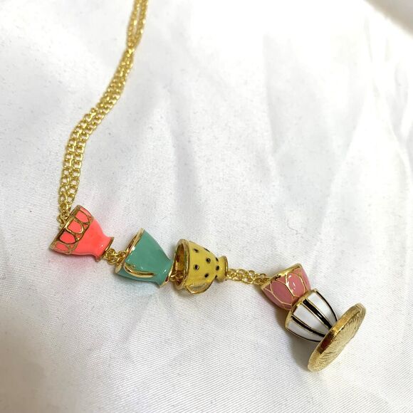 Multicolor Teacups & Saucers Necklace Drop Pendant Enameled Cups Gold Tone Chain - Picture 7 of 15